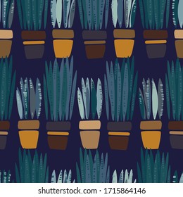 Modern seamless vector botanical colourful pattern with cartoon plants in pots on blue background. Can be used for backgrounds, dresses, shirts, cards, textiles, kids clothes and sheets. 