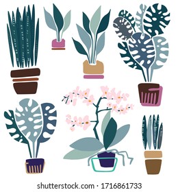 Modern seamless vector botanical colourful pattern with cartoon plants in pots on blue background. Can be used for backgrounds, dresses, shirts, cards, textiles, kids clothes and sheets. 