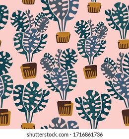 Modern seamless vector botanical colourful pattern with cartoon plants in pots on pink background. Can be used for backgrounds, dresses, shirts, cards, textiles, kids clothes and sheets. 