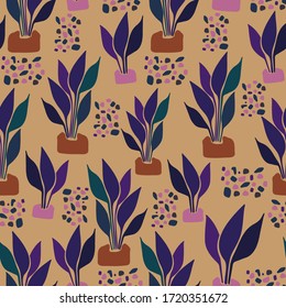 Modern seamless vector botanical colourful pattern with cartoon plants in pots and gravel on yellow background. Can be used for backgrounds, dresses, shirts, cards, textiles, kids clothes and sheets. 