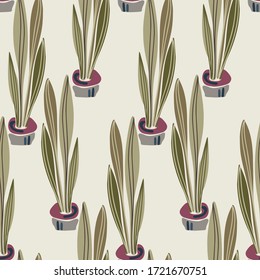 Modern seamless vector botanical colourful pattern with cartoon plants in pots in calm pastel colors. Can be used for backgrounds, dresses, shirts, cards, textiles, kids clothes and sheets. 