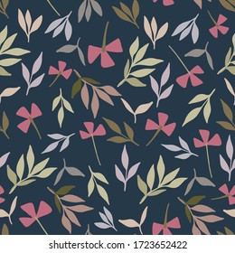 Modern seamless vector botanical colourful pattern with cute pink cartoon flowers on dark blue background. Can be used for backgrounds, dresses, shirts, cards, textiles, kids clothes and sheets. 