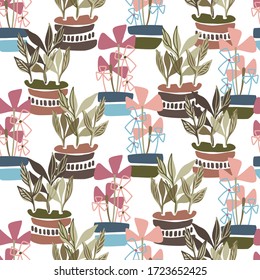 Modern seamless vector botanical colourful pattern with cartoon plants in pots in calm pastel colors. Can be used for backgrounds, dresses, shirts, cards, textiles, kids clothes and sheets. 