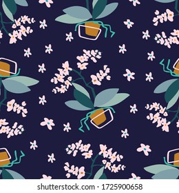 Modern seamless vector botanical colourful pattern with cute pink cartoon flowers in pots on blue background. Can be used for backgrounds, dresses, shirts, cards, textiles, kids clothes and sheets. 