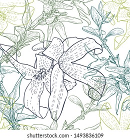 Modern seamless vector botanical with flower. Can be used for printing on paper, stickers, badges, bijouterie, cards, textiles.