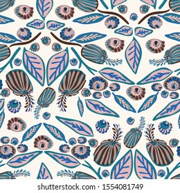 Modern seamless vector botanical with flower. Can be used for printing on paper, stickers, badges, bijouterie, cards, textiles. 