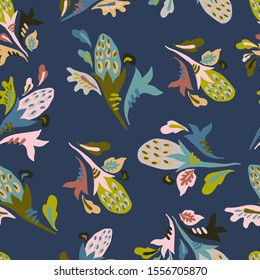 Modern seamless vector botanical with flower on a dark background. Can be used for printing on paper, stickers, badges, bijouterie, cards, textiles. 