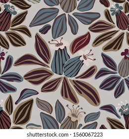 Modern seamless vector botanical with flower on a dark background. Can be used for printing on paper, stickers, badges, bijouterie, cards, textiles. 