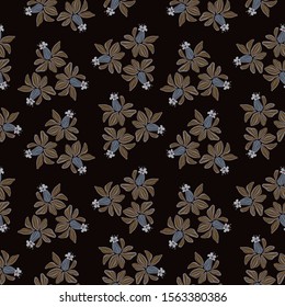 Modern seamless vector botanical with flower on a dark background. Can be used for printing on paper, stickers, badges, bijouterie, cards, textiles. 