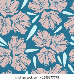 Modern seamless vector botanical pattern with pink chicory flowers on marine blue background. Can be used for printing on paper, stickers, badges, bijouterie, cards, textiles. 
