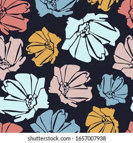 Modern seamless vector botanical pattern with colourful chicory flowers. Can be used for printing on paper, stickers, badges, bijouterie, cards, textiles. 