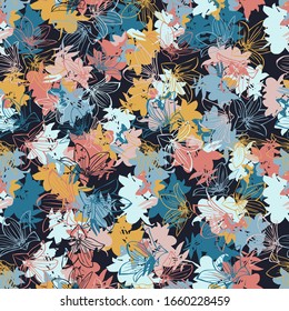 Modern seamless vector botanical pattern with colourful messy vanilla orchids. Can be used for printing on paper, stickers, badges, bijouterie, cards, textiles. 