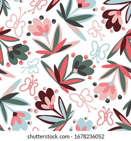 Modern seamless vector botanical pattern with garden spring pink flowers on a white background. Can be used for printing on paper, stickers, badges, bijouterie, cards, textiles. 