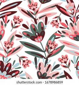 Modern seamless vector botanical pattern with garden spring pink flowers on a white background. Can be used for printing on paper, stickers, badges, bijouterie, cards, textiles. 