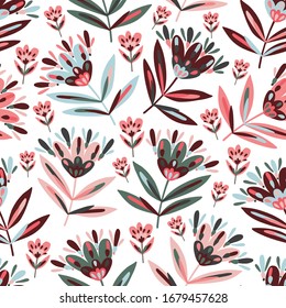 Modern seamless vector botanical pattern with garden spring pink flowers on a white background. Can be used for printing on paper, stickers, badges, bijouterie, cards, textiles. 