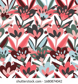 Modern seamless vector botanical pattern with garden spring pink flowers on a white background. Can be used for printing on paper, stickers, badges, bijouterie, cards, textiles. 