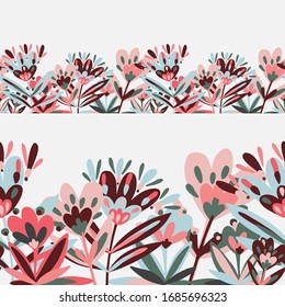 Modern seamless vector botanical pattern with lines of garden spring pink flowers on a white background. Can be used for printing on paper, stickers, badges, bijouterie, cards, textiles. 