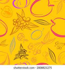 Modern seamless vector colorful pattern abstract silhouettes of summer pit fruits in pastel tones, plums, apricots, peaches. The design is perfect for textile, backgrounds, wrapping paper, bags