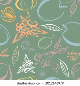 Modern seamless vector colorful pattern abstract silhouettes of summer pit fruits in pastel tones, plums, apricots, peaches. The design is perfect for textile, backgrounds, wrapping paper, bags
