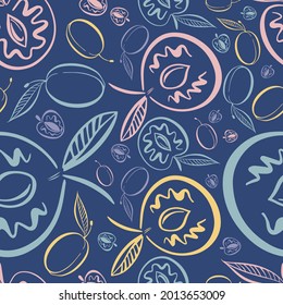 Modern seamless vector colorful pattern abstract silhouettes of summer pit fruits in pastel tones, plums, apricots, peaches on blue. The design is perfect for textile, backgrounds, wrapping paper