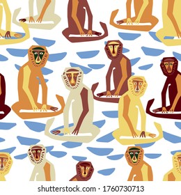 Modern seamless vector design. Colorful pattern with decorative abstract snow monkeys sitting in water. Perfect for printing on paper, stickers, badges, bijouterie, cards, textiles, backgrounds