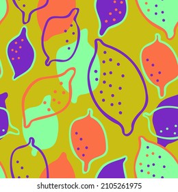 Modern seamless vector design pattern with citrus lemons in bright colors. The design is perfect for printing on paper, packaging, decorations, backgrounds, textiles, wallpaper, wrapping paper. 