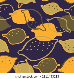 Modern seamless vector design pattern with citrus lemons in bright colors. The design is perfect for printing on paper, packaging, decorations, backgrounds, textiles, wallpaper, wrapping paper. 