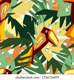 Modern seamless vector design tropical colourful pattern with decorative abstract palm trees and toucans in rainforest. Can be used for printing on paper, stickers, badges, bijouterie, cards, textiles