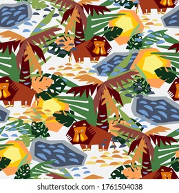 Modern seamless vector design tropical colourful pattern with decorative abstract palm trees and lions in rainforest. Can be used for printing on paper, stickers, badges, bijouterie, cards, textiles