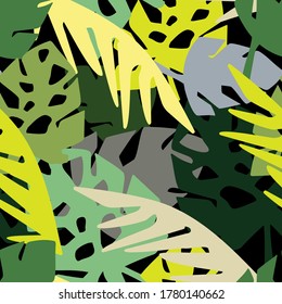 Diseño vectorial moderno y sin fisuras, patrón verde tropical con palmeras decorativas