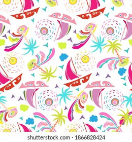 Modern seamless vector design tropical green pattern with decorative palm trees and ships in lines. Can be used for printing on paper, stickers, badges, bijouterie, cards, textiles