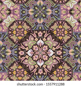 Modern seamless vector floral pattern with kaleidoscope motifs. Can be used for printing on paper, stickers, badges, bijouterie, cards, textiles.