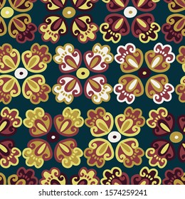 Modern seamless vector with flower decorative in jewel-tone. Can be used for printing on paper, stickers, badges, bijouterie, cards, textiles. 
