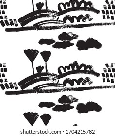 modern seamless vector landscape pattern. trendy graphical scenery ornament. fabric wrapping paper background, wallpaper surface and textile design. trees, raining sky with clouds bushes and fields . 