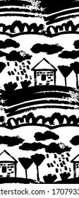 modern seamless vector landscape pattern. trendy graphical scenery ornament. cozy village house hand drawn clipart. fields, gardens, bushes, beds and trees. Hygge home illustration. 
