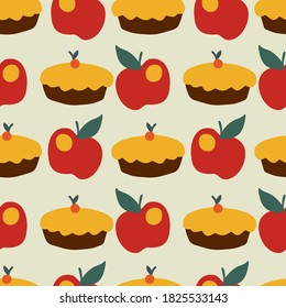 Modern seamless vector pattern abstract silhouettes of colorful red apples on pastel yellow background. Can be used for printing on paper, stickers, badges, bijouterie, cards, textiles.