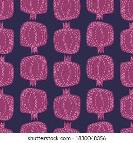 Modern seamless vector pattern abstract silhouettes of flat purple pomegranates fruits on turquoise background. Can be used for printing on paper, stickers, badges, bijouterie, cards, textiles.