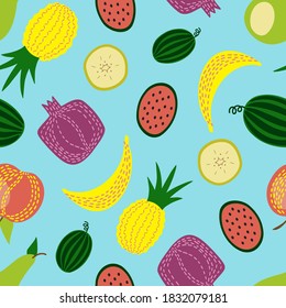 Modern seamless vector pattern abstract silhouettes of summer fruits, pineapple, pomegranate, watermelon, other in bright colors. The design is perfect for textile, backgrounds, wrapping paper, bags