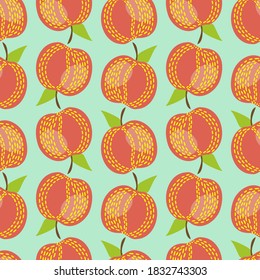 Modern seamless vector pattern abstract silhouettes of colorful red apples on pastel green background. Can be used for printing on paper, stickers, badges, cards, textiles.