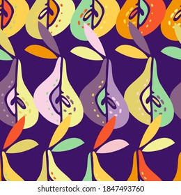 Modern seamless vector pattern with abstract fruits pears in bright colors on purple background. Can be used for printing on paper, stickers, badges, bijouterie, cards, textiles. 