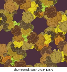 Modern seamless vector pattern abstract silhouettes of flat pomegranates fruits in dull yellow and green colors. Can be used for printing on paper, stickers, badges, bijouterie, cards, textiles