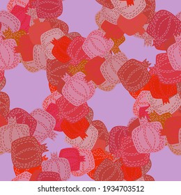 Modern seamless vector pattern abstract silhouettes of flat red pomegranates fruits on pastel purple background. Can be used for printing on paper, stickers, badges, bijouterie, cards, textiles