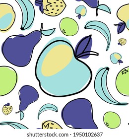 Modern seamless vector pattern abstract silhouettes of summer fruits apples, pears, strawberries and bananas in cold tones. The design is perfect for textile, backgrounds, wrapping paper, bags