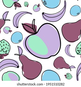 Modern seamless vector pattern abstract silhouettes of summer fruits apples, pears, strawberries and bananas in cold tones. The design is perfect for textile, backgrounds, wrapping paper, bags