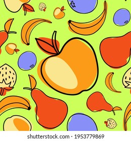 Modern seamless vector pattern abstract silhouettes of summer fruits apples, pears, strawberries and bananas in bright colors. The design is perfect for textile, backgrounds, wrapping paper, bags