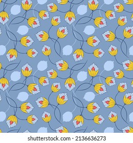 Modern seamless vector pattern with beautiful flowers, lilies. Can be used for wallpapers, covers, postcards, textile, website background, print. Stylish background in yellow and blue colors
