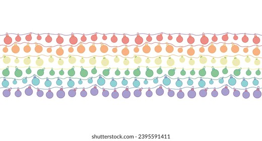 Modern seamless vector pattern Border with little Christmas balls in rainbow colours. Geometric colourful background for greeting cards, wrapping paper and stationery.  