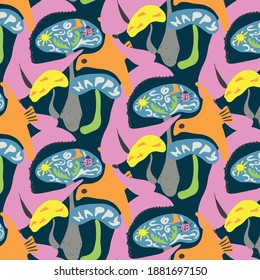 Modern seamless vector pattern in bright colors with mushrooms, bird and crab claw