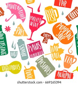 Modern seamless vector pattern of colored silhouettes of autumn symbols and lettering on white background.