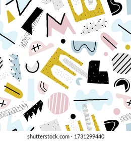 Modern seamless vector pattern with different elements. Abstract texture with abstract shapes. Fun modern geometry background.